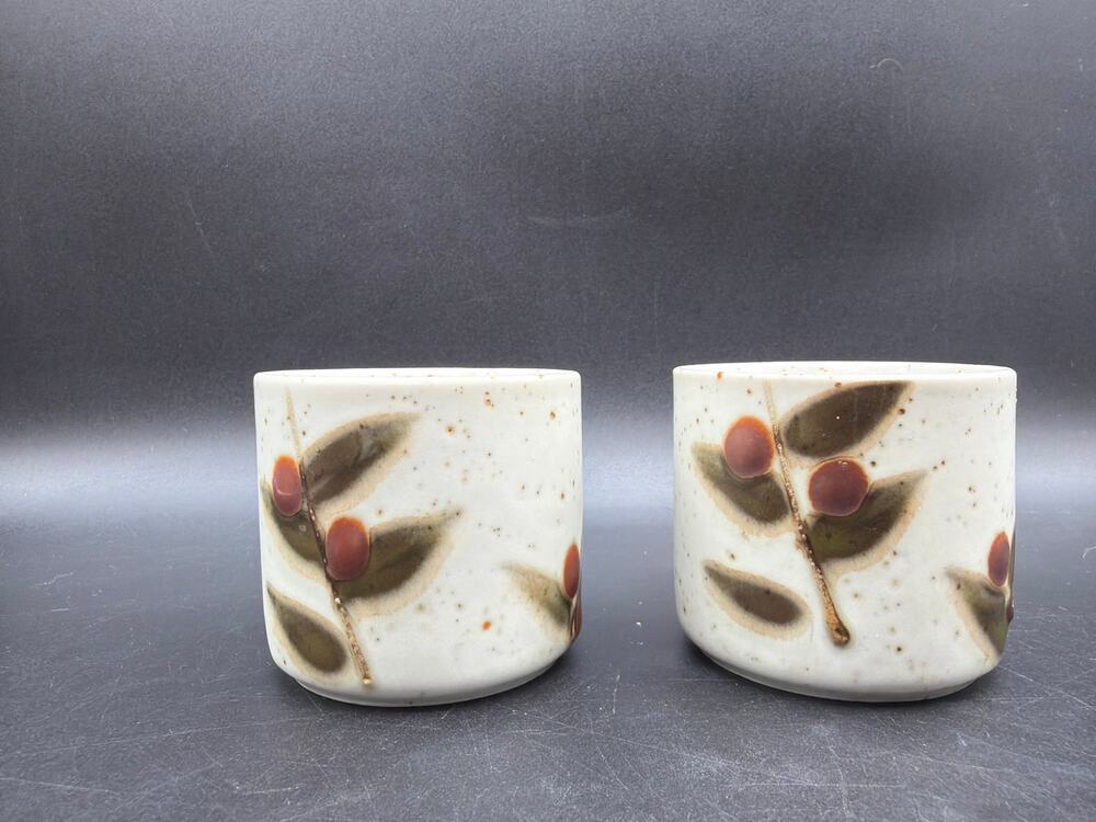 Vintage Otagiri Japan Bittersweet Stoneware Cups Pair Berry Leaf Speckled